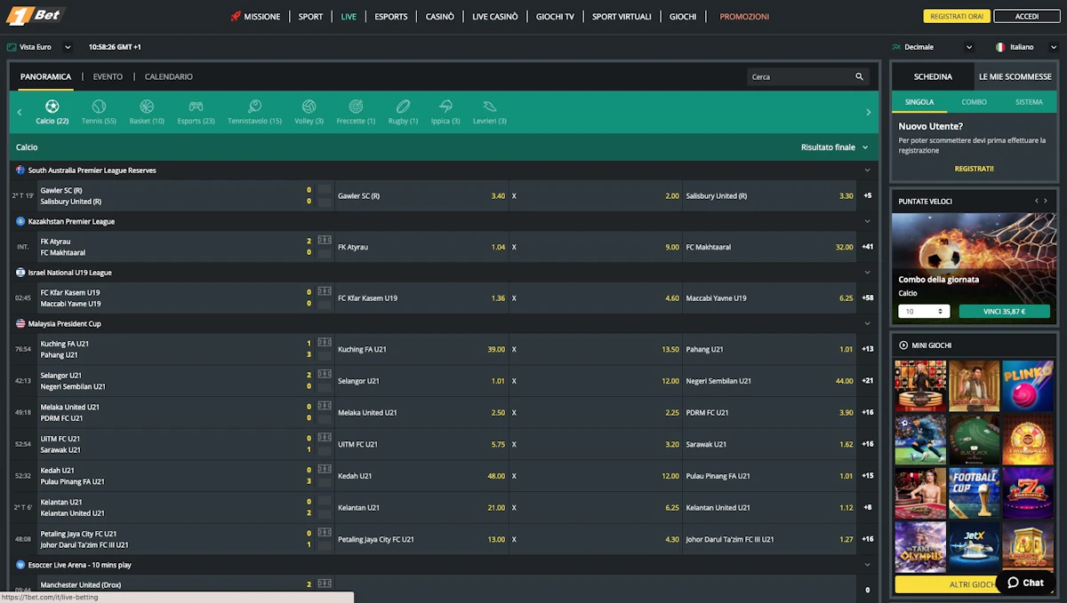 Interfaccia delle scommesse live su 1bet