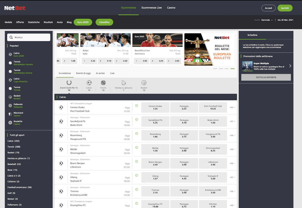 Interfaccia di Netbet scommesse