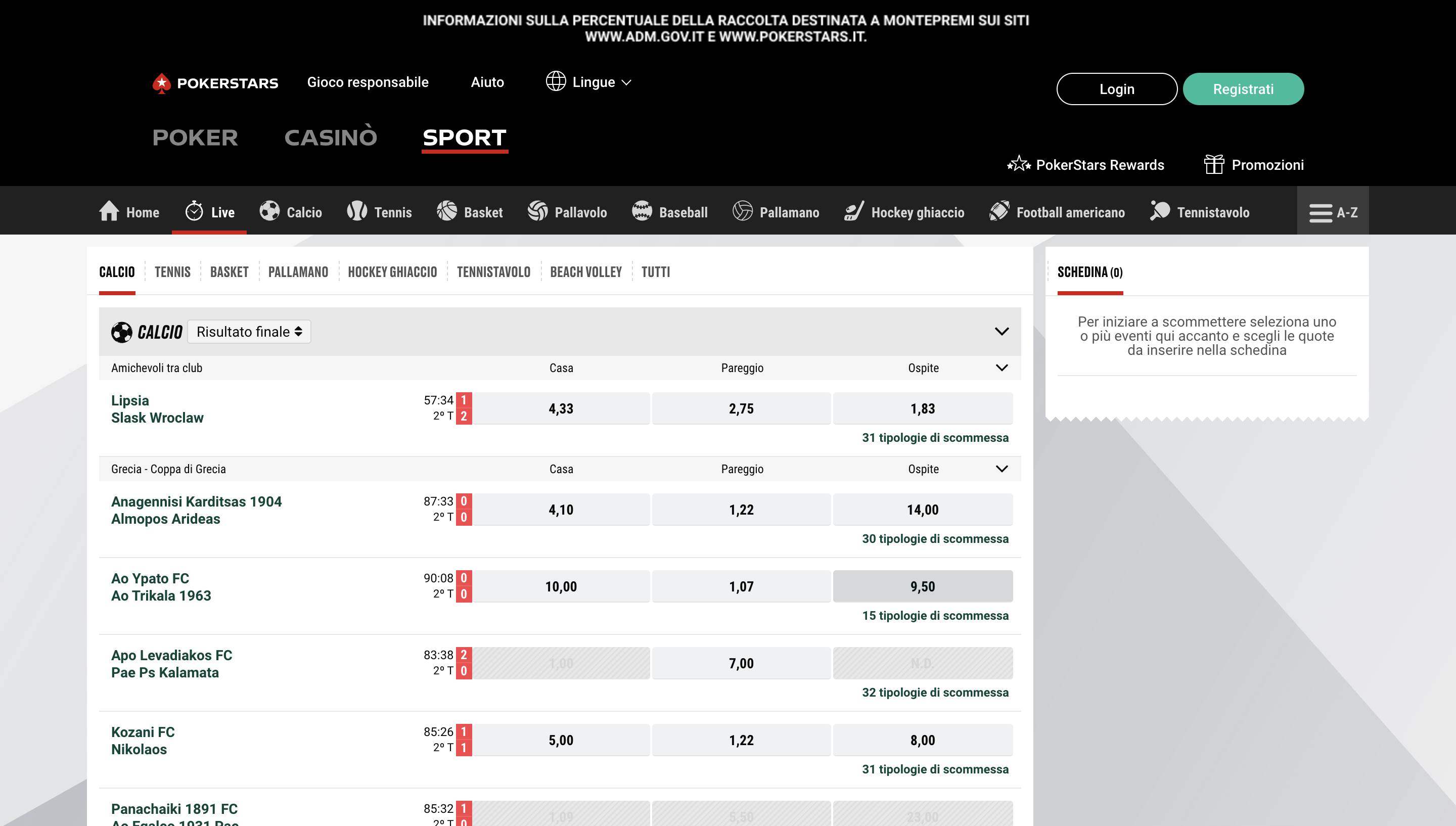 Pokerstars Scommesse Live Desktop