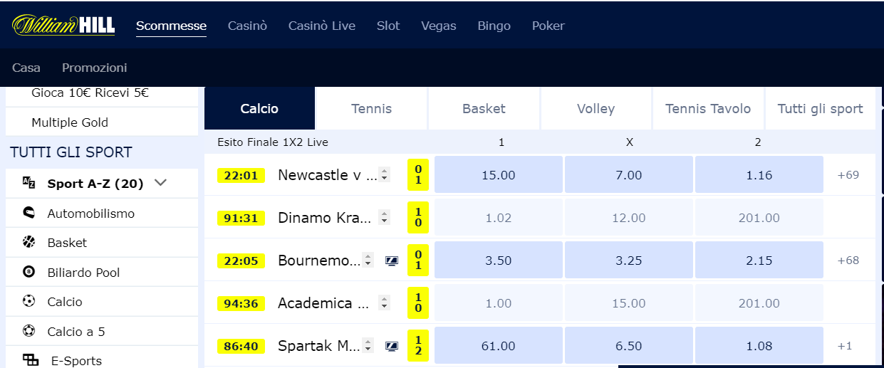William hill scommesse live